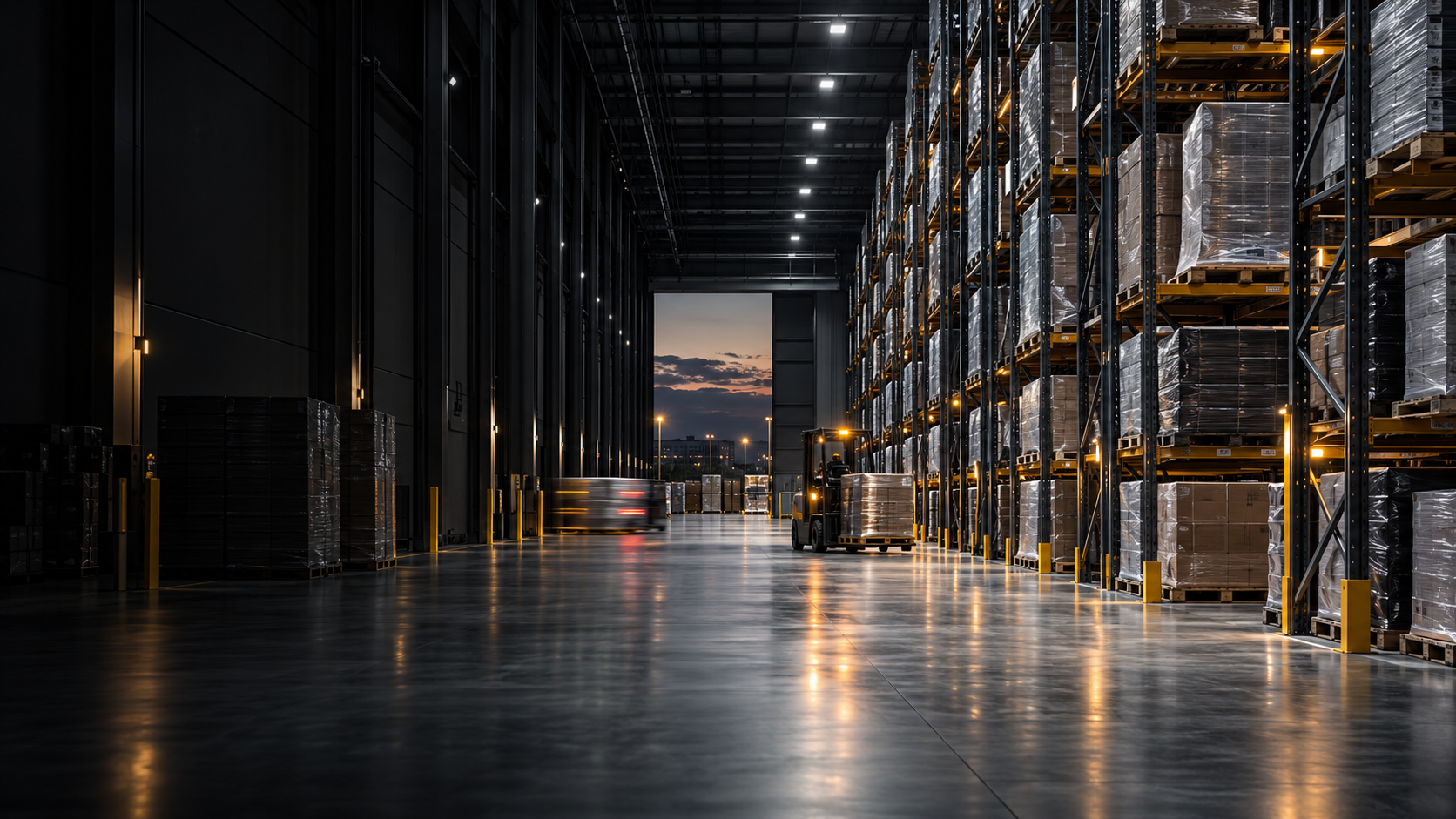 Organized modern warehouse with pallet racking and forklifts